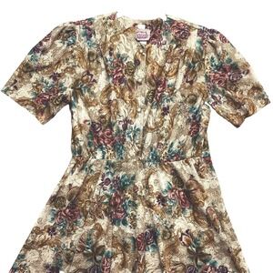 Vintage California Looks Dress Womens Small Brown Pleated Floral Metal USA